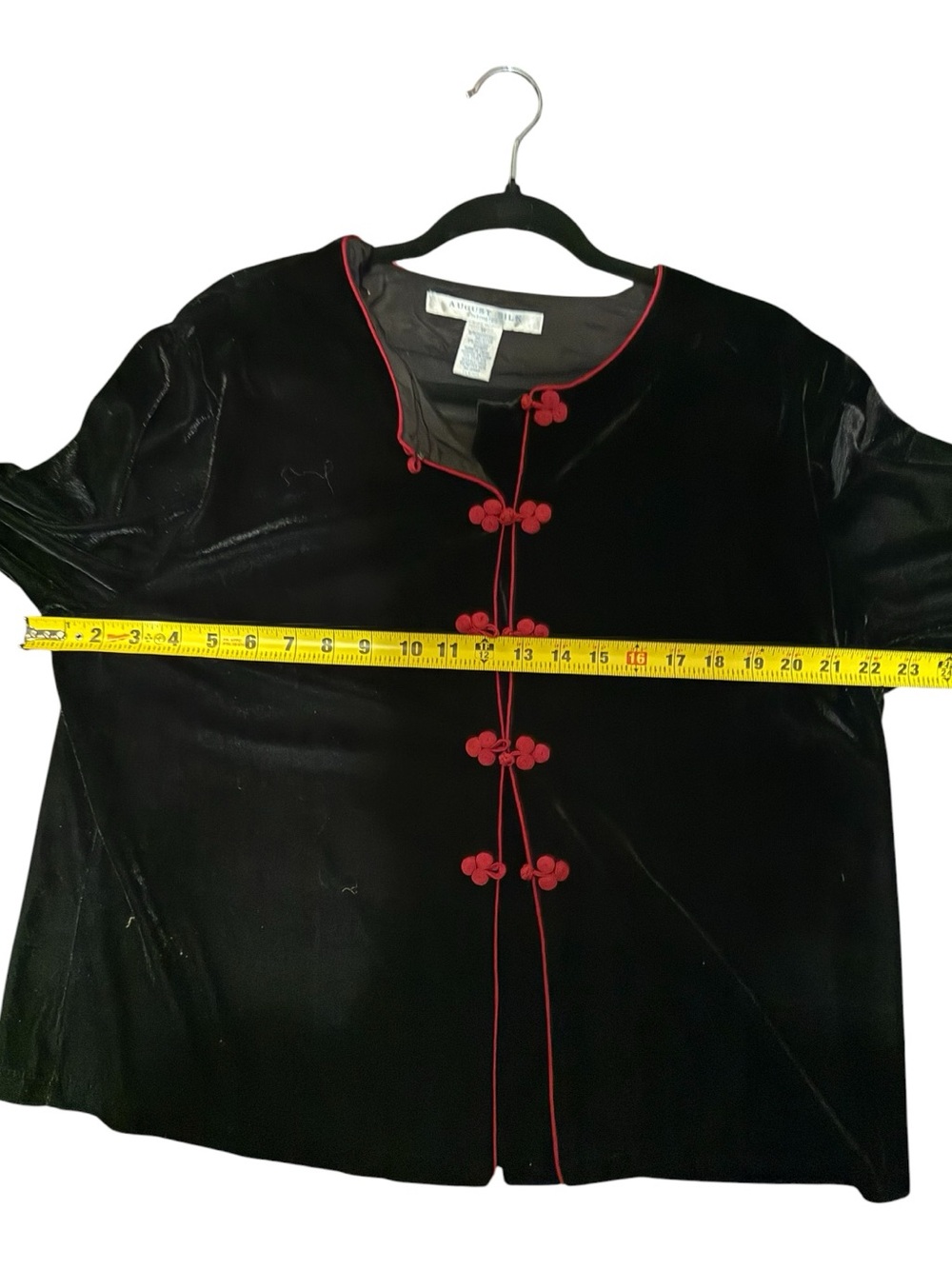 Vintage 90s August Silk Black Velvet Top M Red Oriental Frog Closure - Picture 8 of 8